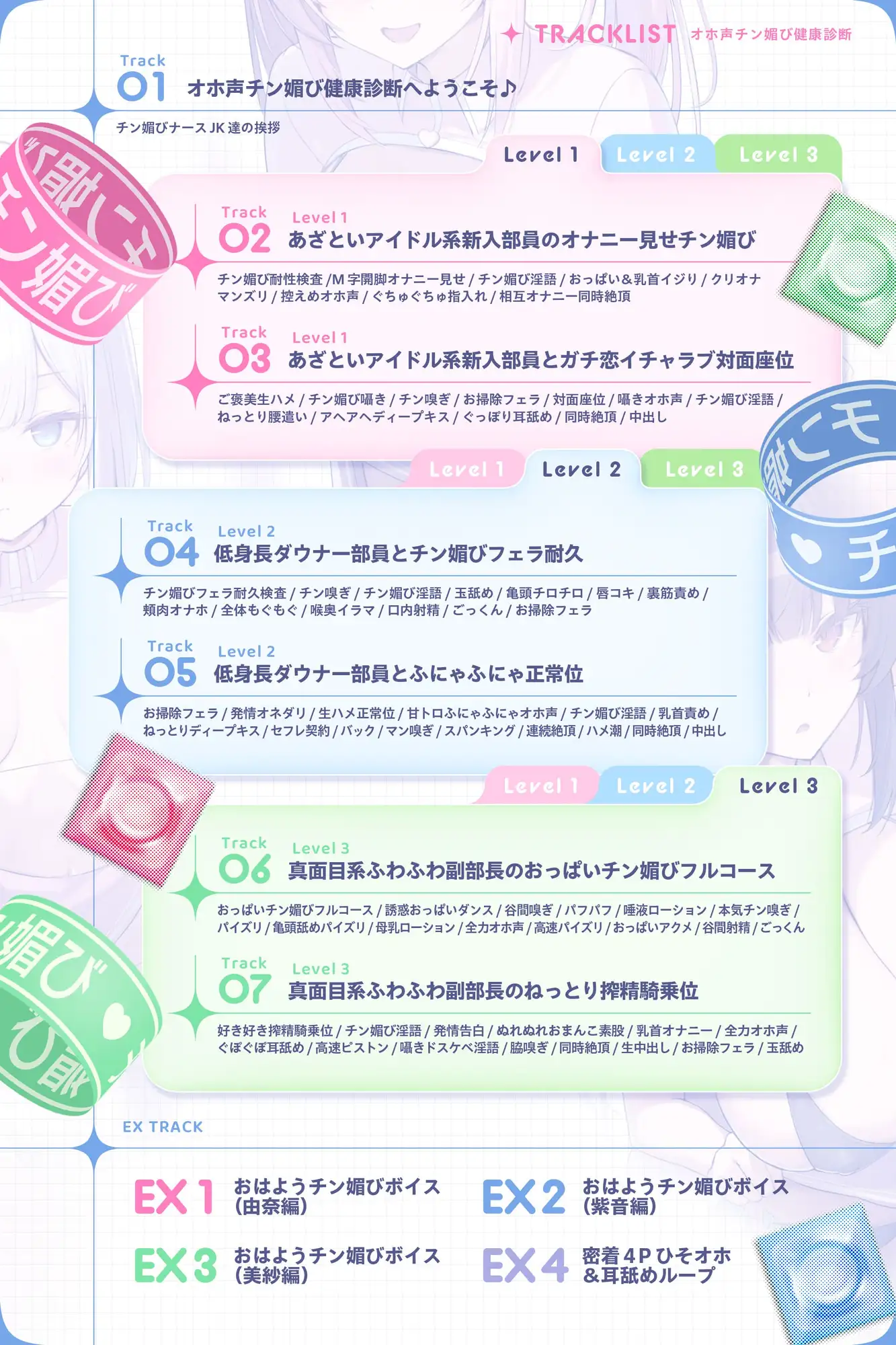 【囁き&甘トロ&全力♡オホ声3種収録♡】オホ声チン媚び健康診断～ちんぽ大好きJK集合！ レベル別チン媚び適性診断♪「私達でおちんぽ健康にしていきましょうね♡」 [裏垢スタジオ] | DLsite 同人 - R18